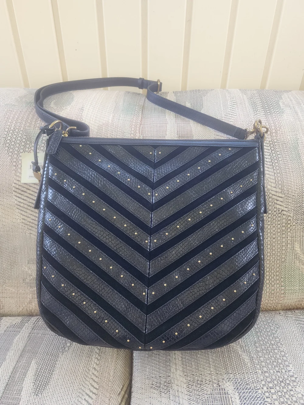 Fossil Jolie Black Chevron Studded Shoulder Or Crossbody Bag